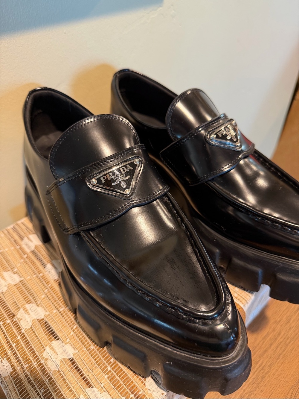 Prada Black Patent Leather Lug-Sole Slip-On Loafers - Picture 4 of 6